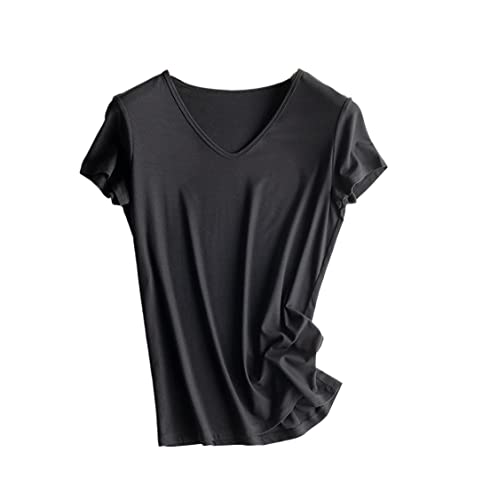 T-shirt en soie véritable anti chaleur col U léger confortable Black V L
