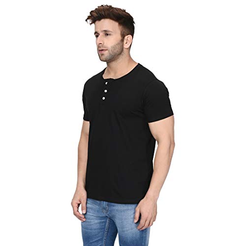 Image of London Hills Henley Neck T Shirt for Men | Tshirt for Man | T Shirt for Men | Mens Casual T Shirts | Cotton Blend Solid Half Sleeve Button Neck Slim Fit Casual Tee
