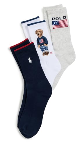 POLO RALPH LAUREN Womens Flag Bear Socks 3 Pack Oatmeal/Navy/White Assorted 9-11