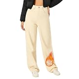 ACTIFORTERRAS Womens Jeans Straight Leg Mid Rise Fleece Lined Boyfriend Pants with Pockets Low Stretch Plush Warm Winter Clothing (US, Waist, 25, Long, White)