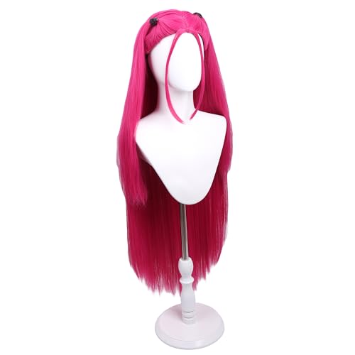 Hot Pink Wigs for Kids Girls Magenta Wig with 2 pigtails Long Straight Pink Wig for Child Halloween Party Anime Cosplay Wigs3