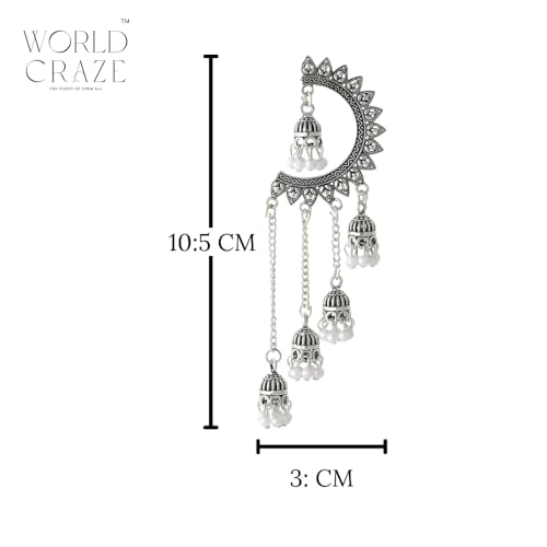 Image of WORLD CRAZE Multicolour long kashmiri jhumka for women chandbali earrings chand baliyan | kashmiri earrings for women | bahubali earrings stylish | Traditional Indian Festive Jewelry | Long Chain Tassels | Pearl Drop Latkan Jewellery (Multi colour)