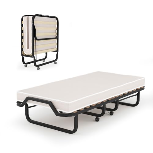 GOPLUS Gästebett 80×200cm, Klappbett mit Metallgestell & Memoryschaum-Matratze, Einzelbett mit 4 Universalrädern für Büro, Schlafzimmer & Wohnzimmer (Beige, 80×200 cm)