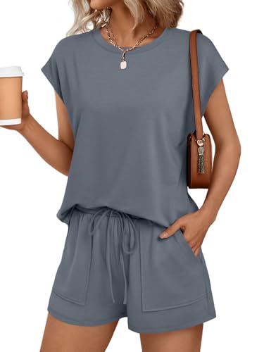 Image of AUTOMET Womens Crew Neck Two Piece Short Sets Cap Sleeve Drawstring Summer Sweatsuit with Pocket