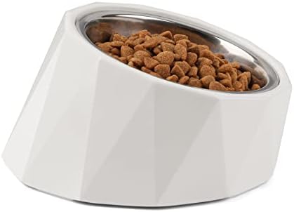 ComSaf 15°Slanted Stainless Steel Dog Bowl, 120ml Tilted Angle Raised Food Water bowl for Dog and Cat, Food Grade,Non-Skid & Non-Spill Feeding Bowl with Detachable Melamine Stand, White