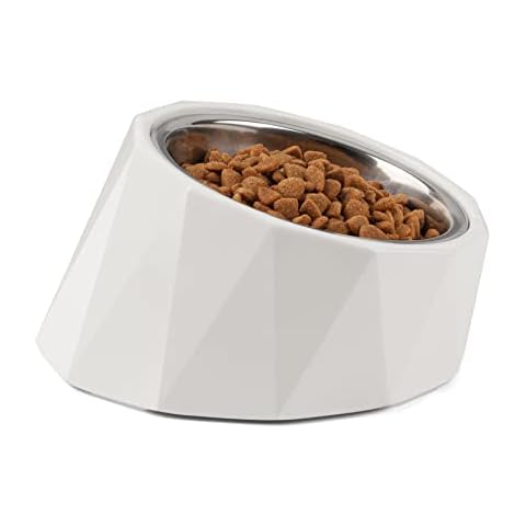 ComSaf 15°Slanted Stainless Steel Dog Bowl, 120ml Tilted Angle Raised Food Water bowl for Dog and Cat, Food Grade,Non-Skid & Non-Spill Feeding Bowl with Detachable Melamine Stand, White Cover