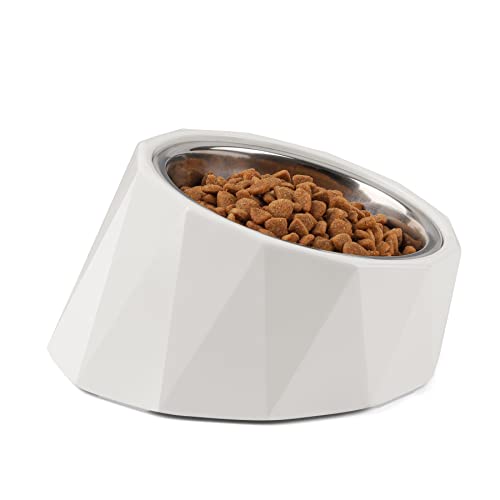 ComSaf Cuenco Inclinado para Perro de Acero Inoxidable de 15 °, Cuenco de Agua de Alimentos Elevado de ángulo Inclinado de 120 ml para Perro y Gato, Grado alimenticio, Antideslizante, Blanco