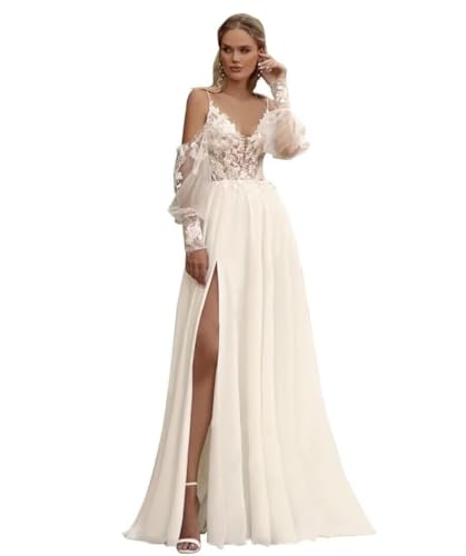 ZOOYYUE Hochzeitskleid Damen,Damen Spitze Brautkleider Lang Hochzeitskleider Gast Boho Braut Standesamtkleider Elfenbein 48