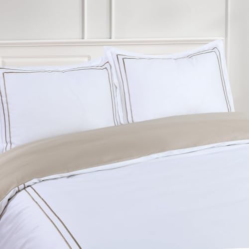 Majestic Giftware Madison Linen 4 Pcs 48" Full Size Duvet Bedding Set (BL51-48F-3-4pcs) Flora Hotel Collection-White-Taupe Embroidery 400 TC Cotton Sateen | 1 Fitted Sheet, 1 Duvet, 2 Pillowcase
