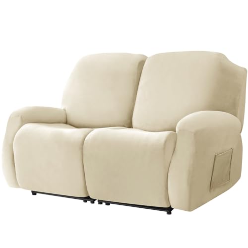 6 ピース ベルベット リクライニングソファーカバー 2人掛け, ソフト 伸縮性 電動 リクライニングチェア ソファーカバー 滑り止め と サイドポケット ソファーカバー 洗える-ベージュ-2人掛け