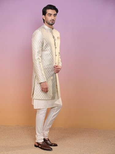 Men's Off-White Jacquard Indowestern Sherwani Kurta & Pajama Set - Regular Fit, Mandarin Collar |Indian Ethnic2