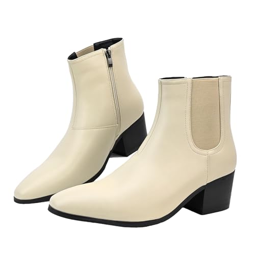 Image of Men'S Classic Leather Chunky Heel Chelsea Boots With Side Zipper Fashion Pointed Toe Elastic Band High Top Block High Heel Formal Chukka Booties For Casual Business Party Wedding