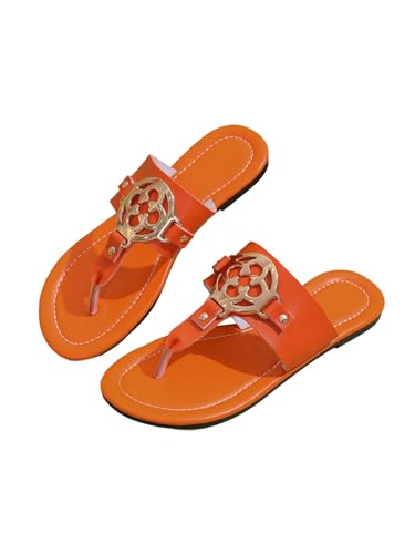 GORGLITTER Women's Leather Thong Sandals 2025 Dressy Metal Open Toe Flat Flip Flops Casual Beach Vacation Shoes