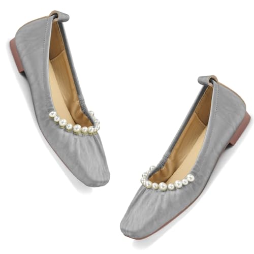 Elegant Dress Satin Flats Women Square Toe Ballet Flats Pearl Bridal Flats Slip on 1” Flat Heel Dress Shoes Soft Comfy Walking Flats Wedding 4-11 M US