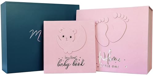 Image of Handmade Baby Memory book, Scrapbook AND Photo Album with Keepsake Box, Hand & Footprint Inc Pad Kit included, Baby's First Year book, Journal, Milestone for Newborn (Teddy Bear Girl, Pink)