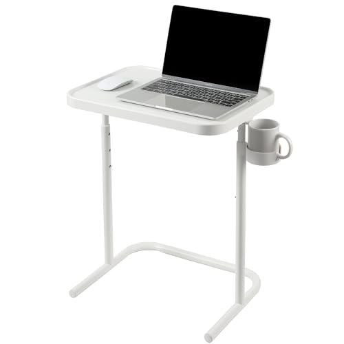 Keepo All Metal TV Tray Table, Side End Table, Adjustable Dinner Meal Tray, Folding Laptop Table with 3 Heights, 0 to 90 Degrees Tilt Angles, Portable Over Bed & Sofa Stand Desk (White, No Wheel)