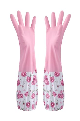Image of Reusable Rubber Latex PVC Flock lined Heavy Duty Hand gloves for Dishwashing Long Elbow Hand Gloves,Safety Kitchen for Cleaning, Gardening, Laundry multipupose usable gloves(PAIR 1) any color