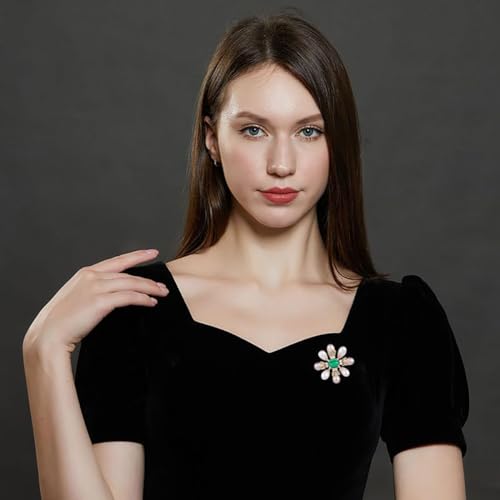 Image of 14K Gold Handcrafted Emerald Brooch with Moissanite and Freshwater Pearls - Vintage Style Floral Corsage, Fashion Coat Accessory Gift