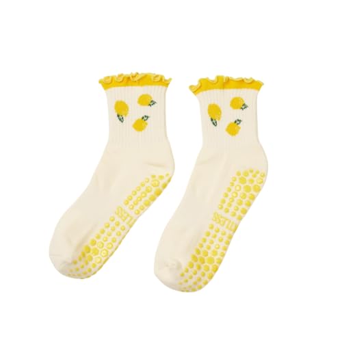 Shapes Studio Crew Half Calf Grip Socks, Cutest Fruits Pilates Socks, Ruffle socks, Non-Slip, Barre Yoga Fitness (US, Numeric, 5, 10, Regular, Regular, Lemon, Effortless Club)