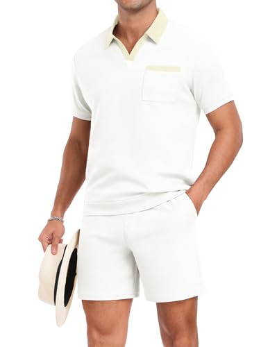 PrinStory Men's Summer Track Suits Waffle Knit Polo Shirt and Shorts Set Casual 2 Pieces Outfits with Pockets White-XL