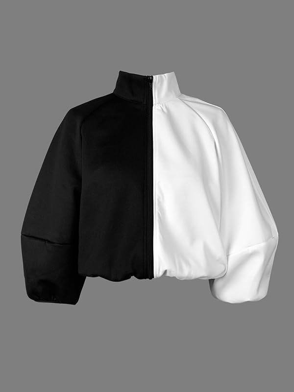 UOOZEE Women's 3/4 Puff Sleeve Stand Collar Zip Up Jackets Outerwear Cropped Bomber Lightweight Jacket 20253