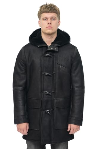 Infinity Leather Duffle Coat à Capuche en Cuir de Mouton Noir Pour Homme