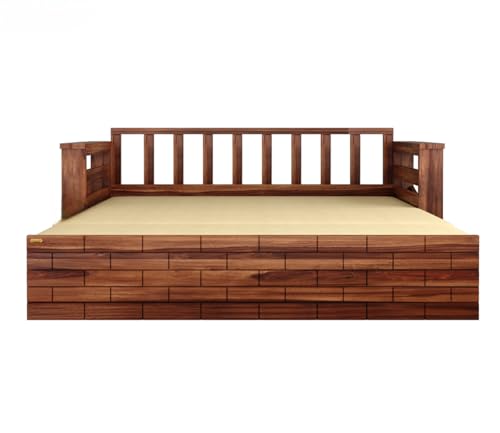 Image of Sheesham Wooden Sofa Cum Bed for Living Room with Side Pocket Storage - 3 Seater Sofa Cum Bed with Storage - 3 Person Sofa Cuma Bed Wooden with Premium Cushion Seating (Honey)