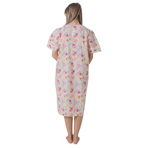 Image of Women's Short Sleeve Woven Snap-Front Closure Floral Embroidery Housecoat Duster Lounge Nightgown Robe with Front Pockets