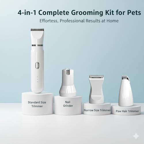 Image of Pets&Kins 4-in-1 Pet Grooming Kit with Trimmer and Nail Grinder | Silent, Cordless Rechargeable and IPX7 Waterproof for Dog & Cat | 4 attachments | Storage Bag | Quiet 2-Speed Clippers for Paws, Face, Ears & Nails | White