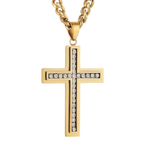 HZMAN Cross Necklace for Men Stainless Steel Cross with Cubic Zirconia Inlay Pendant Necklace with 7mm Cuban Chain 24In