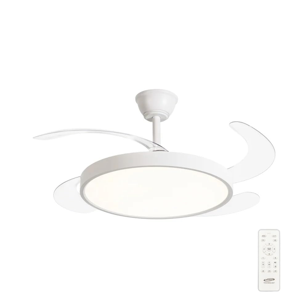 Ventilatore da soffitto con lampada LED integrata 40W dimmerabile con telecomando, pale retrattili invisibili, 6 velocità, funzione estate/inverno, luce calda , naturale , fredda , design moderno