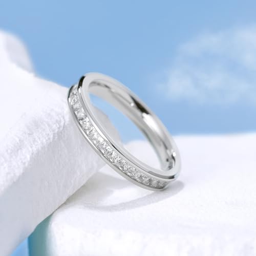 King Will Cubic Zirconia Wedding Band for Women, 3/7mm CZ Simulated Diamond Stackable Ring Eternity Ring for Women, Silver Plated Cubic Zirconia Anniversary Ring Hypoallergenic & Comfort Fit3