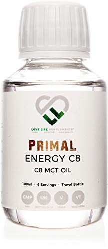 Primal Energy C8 MCT Oil by LLS | 100ml Bottle - 6 Servings | Caprylic Acid Converts More Rapidly into Ketones | BPA-Free Bottle | Bottled in The UK Under GMP Licence