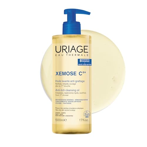 Uriage Xemose C8+ Anti-itch Shower Oil 500ml – Face & Body Wash - Very Dry Skin Prone to Atopy – Soothes from 1st application - 8 Biomimetic Ceramides & Shea Butter - Fragrance-Free