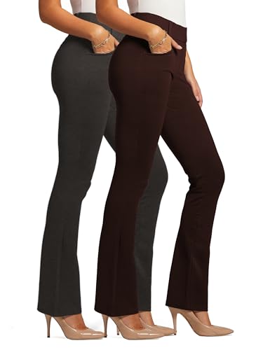 Conceited 2-Pack Stretch Slacks for Women - Wear to Work - Bootcut Dress Pants with Pockets - Charcoal, Brown - (Large)