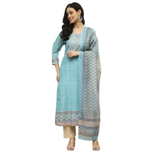 Image of BIBA Women Beige Cotton Machine Embroidered Unstitched Suit Set