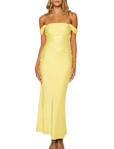 Image of Realtix Satin Off The Shoulder Strapless Bridesmaid Maxi Dress for Women
