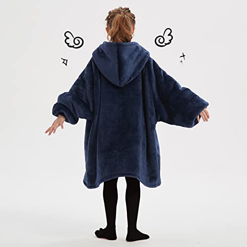 Image of KFUBUO Wearable Blanket Hoodie for Kids With Pocket, 6-10 Year Old, Navy | Sherpa, Heavy Material, Oversized Sweatshirt Blanket, Kids Blanket, Girl Boy Gifts, Hooded Blanket Kids, Cozy Gifts for Kids