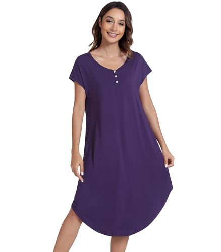 Image of NACHILA Bamboo Viscose Nightgown for Women Short Sleeve Crew Neck Sleepwear