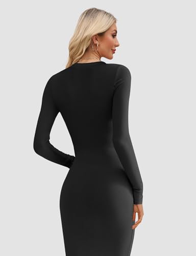 Image of Womens Bodycon Maxi Dresses Sexy Crew Neck Dresses Long Sleeve Ribbed Black Dress Elegant Lounge Fall Long Dresses