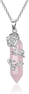 CrystalTears Rose Quartz Crystal Necklace Rose Flower Wire Wrapped Healing Crystal Point Gemstone Pendant Natural Quartz Crystal Stone Necklace Jewelry for Women Valentine Gift for Her Girlfriend Wife