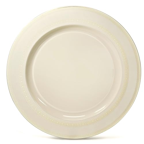 " OCCASIONS " 120 Plates Pack, Heavyweight Disposable Wedding Party Plastic Plates (10.5'' Dinner Plate, Lace in Ivory & Gold)