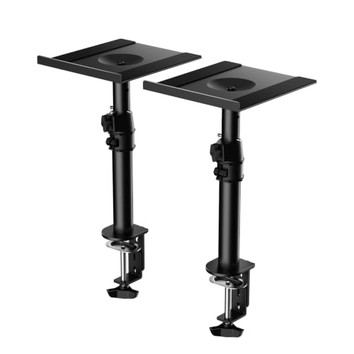 suptek Tall Clamp-on Speaker Stands Desk Mount, Height Adjustment, Tilt, Swivel, 9.6 x 8.8 Trays, Universal Audio Holders for Computer and Bookshelf Speakers, Elevated Sound, 2 Pack, Black, SDM001H