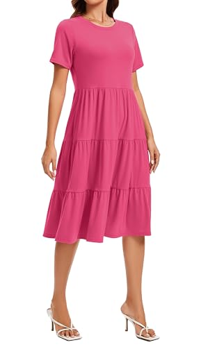 Image of Womens Summer Short Sleeve Crew Neck Midi Dress 2026 Casual Fit Flowy Tiered Beach Vacation Sundress with Pockets