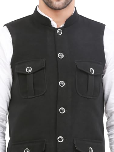 Image of FH Wearza Polywool tweed Solid multipocket Sleeveles Nehru Jacket For Men