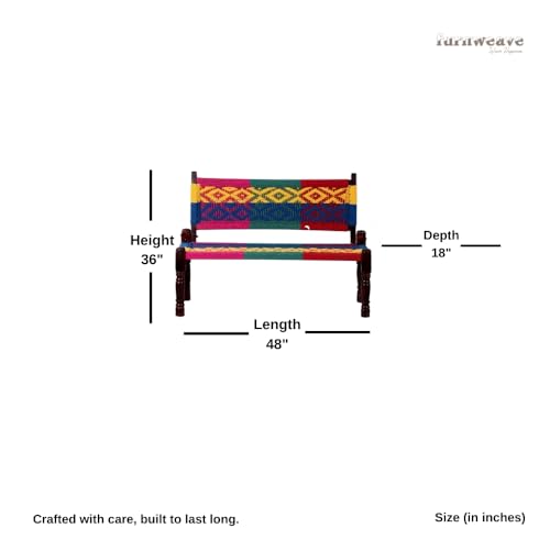 Image of Srima Wooden Bench for Living Room | Handcrafted Sheesham Wood Backrest Bench for Balcony & Garden | Traditional Rajasthani Patio for Outdoor with Cotton Handwoven Rope | Colorful 3