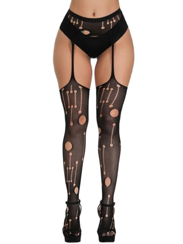 Image of Mrotrida Women Lace Sling One-piece Fishnet Tights Fashion Hollow Out Pantyhose Elastic Through Thigh High Stockings