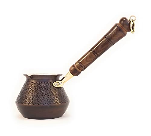 YDB Copper DCS Series-Thickest Hammered Copper Turkish,Greek,Arabic, Armenian Coffee Copper Coffee Pot,with Wooden Handle, Stovetop, Coffee Maker, Cezve, Jezve,Jazva, Ibrik,Briki (20 fl.oz) (Antique)