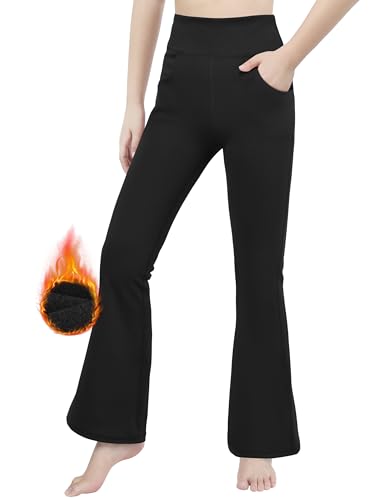 Resinta Girl Fleece Lined Flare Leggings with Pockets High Waist Athletic Yoga Pants Winter Warm Water Resistant Bell Bottoms