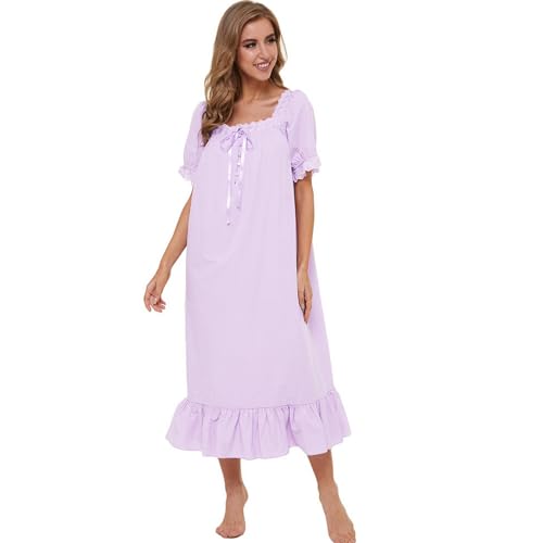 Image of Lu's Chic Women's Victorian Nightgown Cotton Sleepwear Long Loungewear Short Sleeve Vintage
